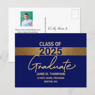 Carte Postale Classe d'or bleu de 2025 Graduation Photo