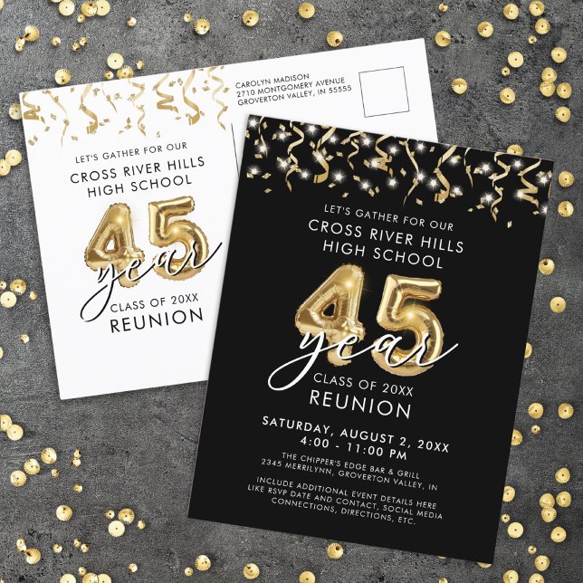 Carte Postale Classe Réunion 45 ans Black Gold Balloons Invitati (Créateur téléchargé)