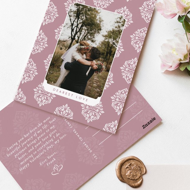 Carte Postale Classic Damask Elegant Script Valentines Day Card (Créateur téléchargé)