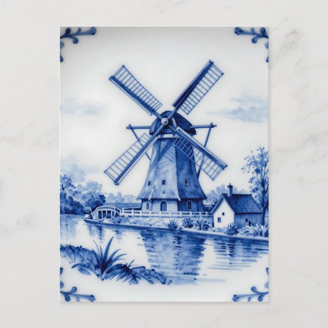 Carte Postale Classic Delft Blue Windmill Canal Scene (Devant)