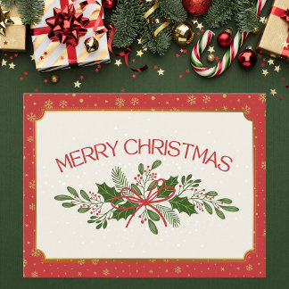 Carte Postale Classic Red and Green Holly Merry Christmas