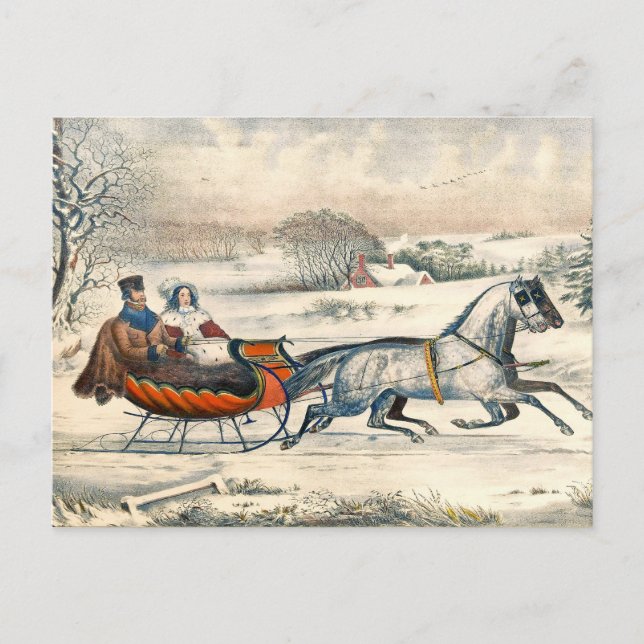 Carte Postale Classique 1853 Traîneau Currier Ives Route Hiver (Devant)