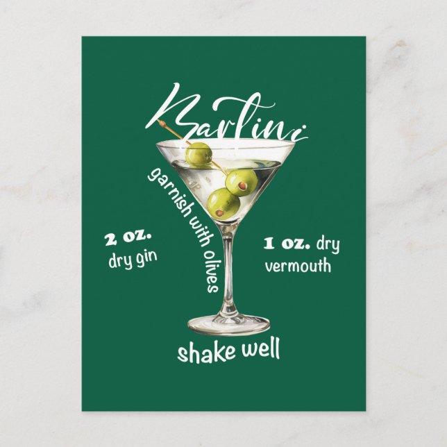 Carte Postale Classique Martini Recette Cocktail Bar Art (Devant)
