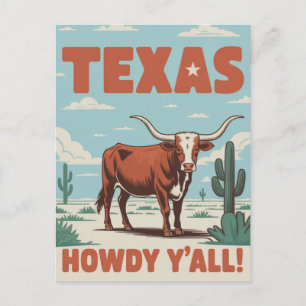 Carte Postale Classique Rétro Vache Longhorn du Texas