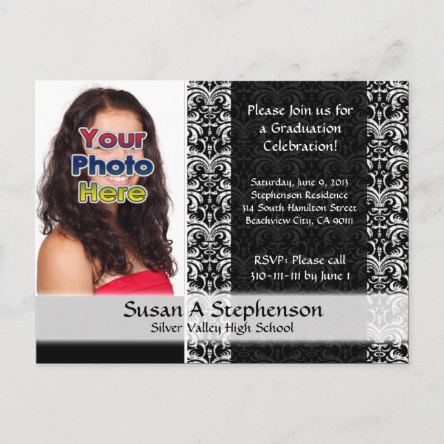 Carte Postale Classy Damask Graduation Party Invitation Photo (Devant)