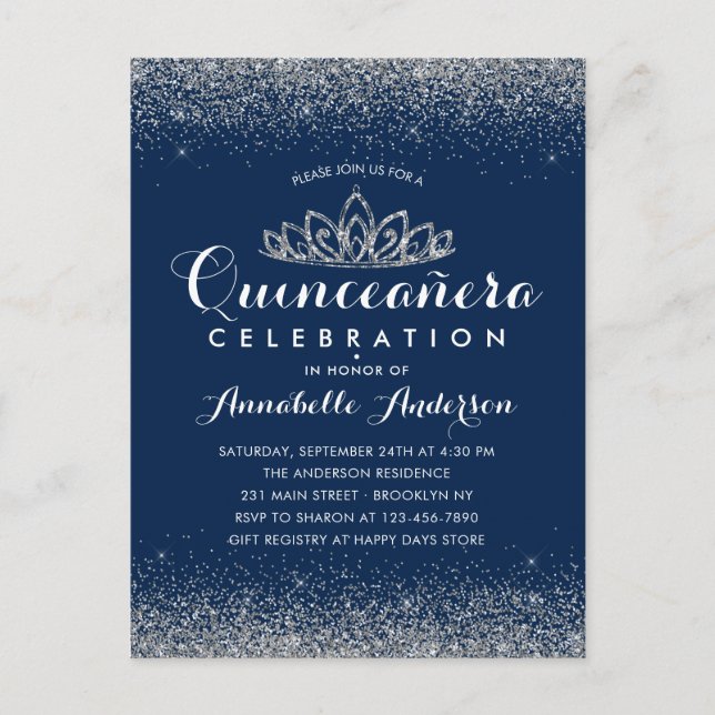 Carte Postale Classy Royal Blue Quinceañera Parties scintillant  (Devant)