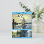 Carte Postale Claude Monet peinture célèbre<br><div class="desc">Tableaux célèbres de Claude Monet : Bateau à voile au Petit Gennevilliers,  Roses dans le Jardin de Montgeron,  et bras de la Seine à Giverny.</div>