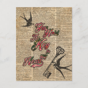 Carte Postale Clé de mon coeur Fleurs et hirondelles Dictionnair