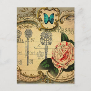 Carte Postale clé steampunk moderne fleur rose vintage camellia
