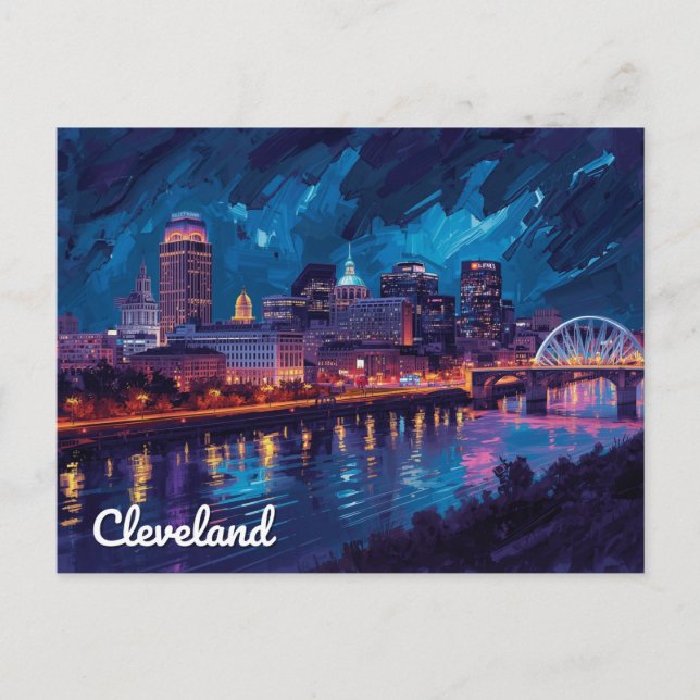 Carte Postale Cleveland Ohio Nuit Art Rivière (Devant)