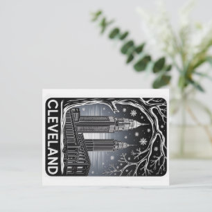 Carte Postale Cleveland Ohio Skyline Hiver Gravure sur Bois Noir