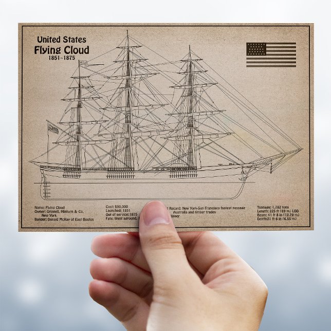 Carte Postale Clipper Flying Cloud - Plan de navire SD (Clipper Ship Flying Cloud - Ship Blueprint SD. Postcard)