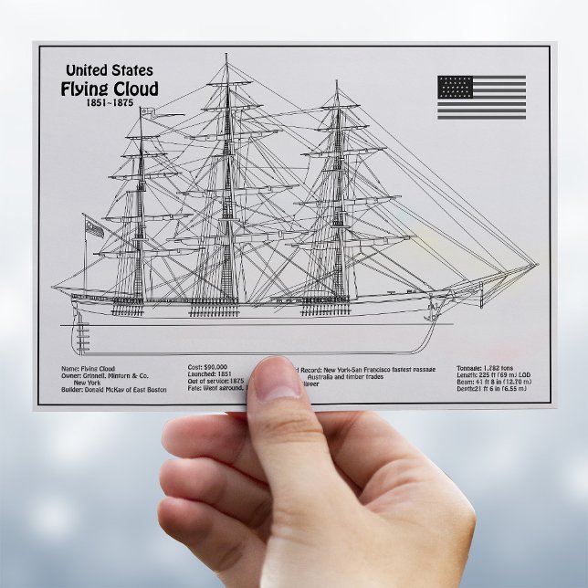 Carte Postale Clipper Flying Cloud - Plan de voilure BD (Clipper Ship Flying Cloud - Ship Blueprint BD. Postcard)
