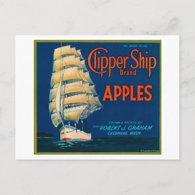 Carte Postale Clipper Ship Apple Étiquette (vert) - Cashmere, WA (Devant)