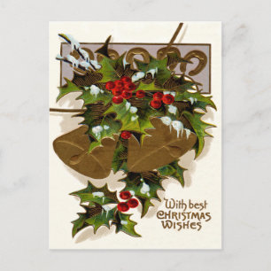 Carte Postale Cloche de Noël en Or Fer à Cheval en Houx
