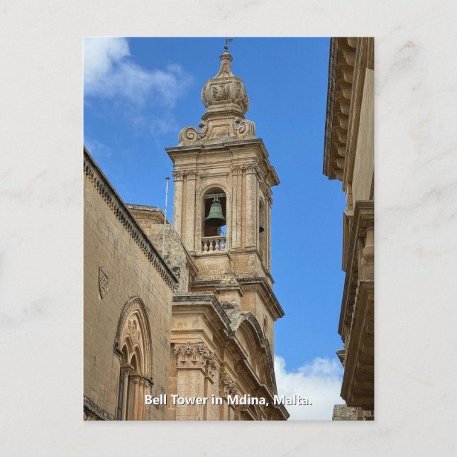 Carte Postale Clocher à Mdina, Malte. (Devant)