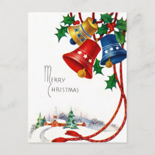 Carte Postale Cloches de Noël et église de village sur la neige