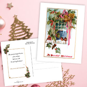 Carte Postale Cloches de Noël, Ruban, Holly & Birds à la fenêtre