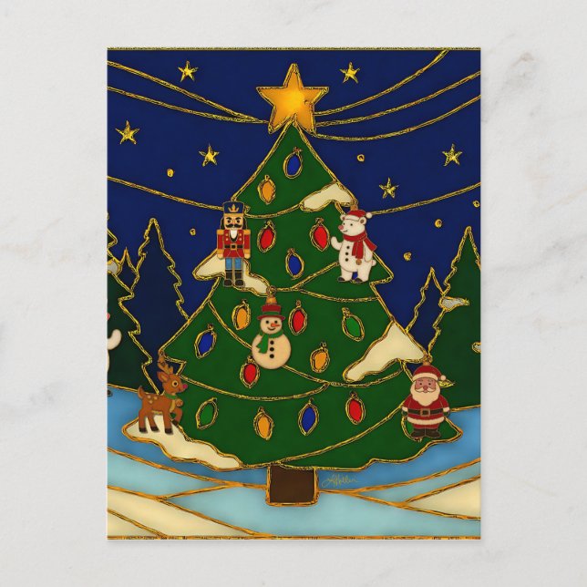 Carte Postale Cloisonne Art Whimsical Forest Classic Christmas  (Devant)
