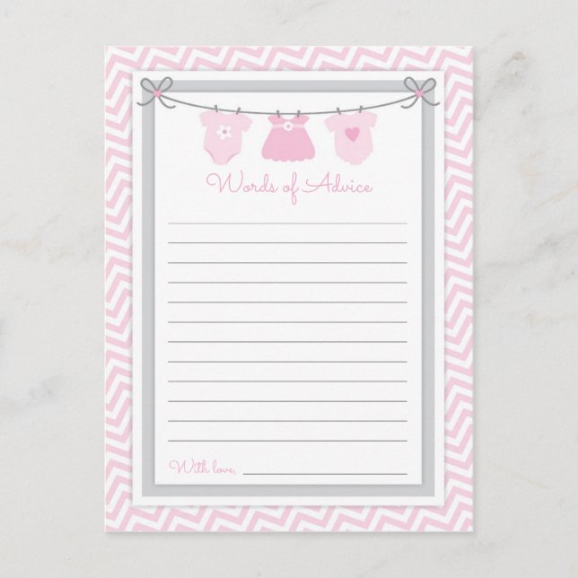 Carte Postale Clothesline Baby shower Mots de conseil rose-gris (Devant)