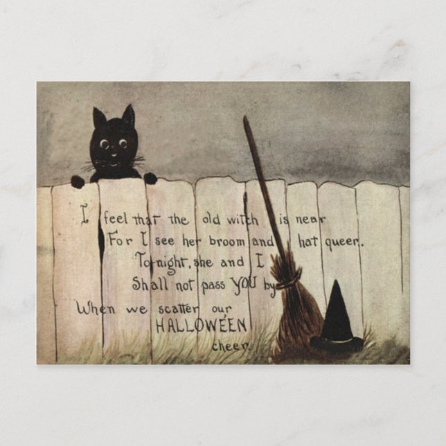 Carte Postale Clôture Chat Noir Balai de Sorcière Chapeau (Devant)