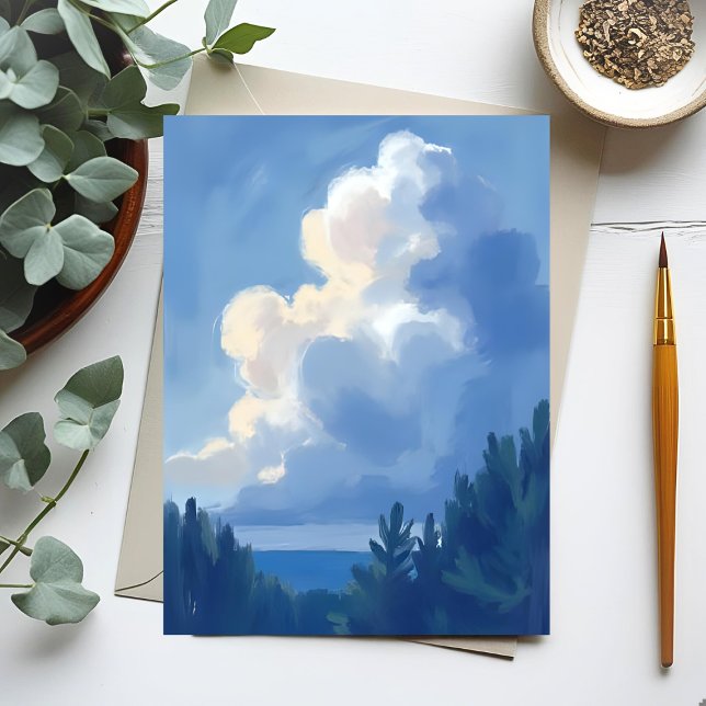 Carte Postale Cloudy Skies | Blue Forest Watercolor Painting (Créateur téléchargé)