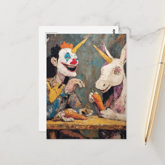 Carte Postale Clown avec licorne  (Devant/Arrière en situation)