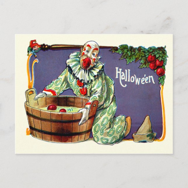 Carte Postale Clown Bouffon Cherchant des Pommes (Devant)
