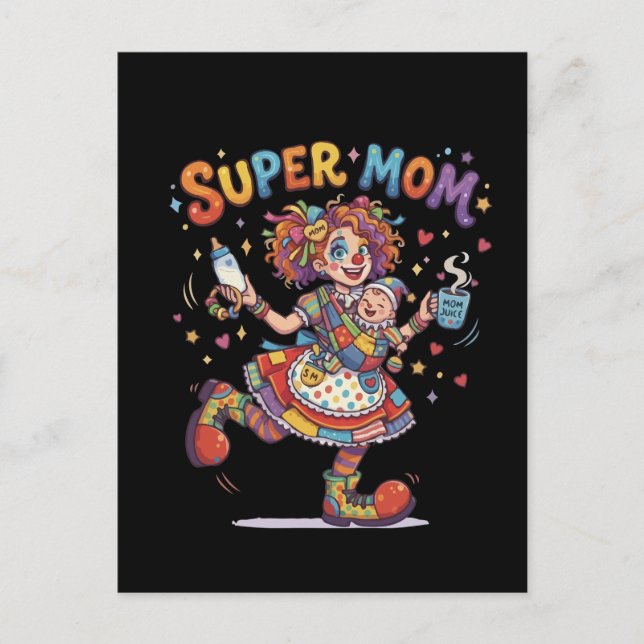 Carte Postale Clown de Cirque Super Maman Humour de Maternité (Devant)