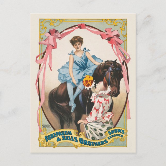 Carte Postale Clown Distribuant Des Fleurs À Une Femme À Cheval (Devant)