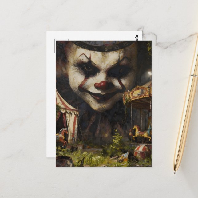 Carte Postale Clown effrayant au cirque abandonné (Devant/Arrière en situation)