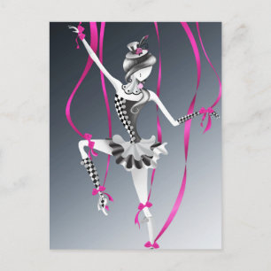 Carte postale Clown Marionnette Rubans Roses