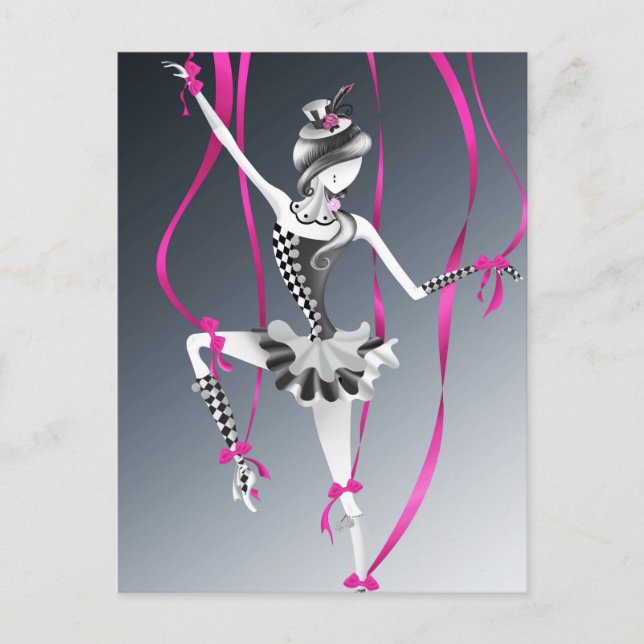 Carte postale Clown Marionnette Rubans Roses (Devant)