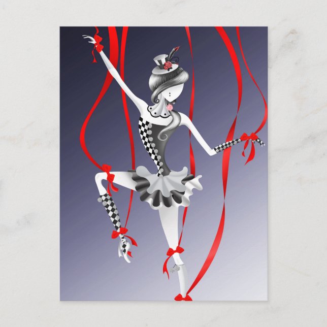 Carte postale Clown Marionnette Rubans Rouges (Devant)