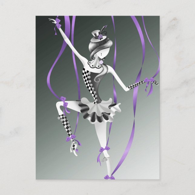 Carte postale Clown Marionnette Rubans Violets (Devant)