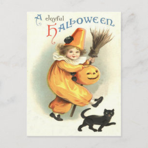 Carte Postale Clown noir Chat Jack-o'-lantern Citrouille