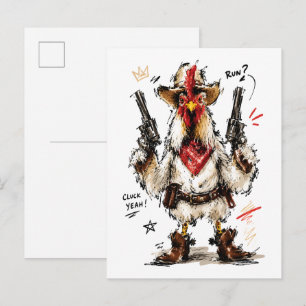 Carte Postale Cluck Yeah ! Coq Cowboy avec Pistolets