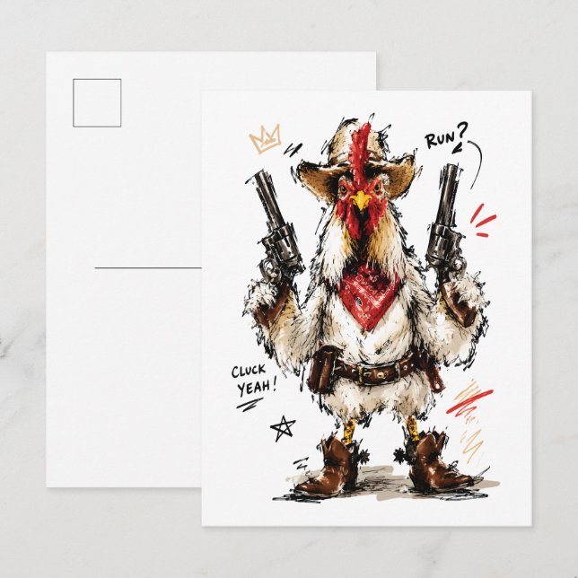 Carte Postale Cluck Yeah ! Coq Cowboy avec Pistolets (Devant / Derrière)