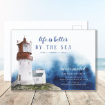 Carte Postale Coastal Lighthouse Moving Announcement<br><div class="desc">Beautiful watercolor new home announcement featuring a coastal red & white lighthouse with a dark blue watercolor wash.</div>