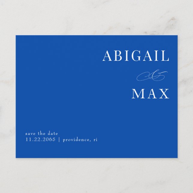Carte Postale Cobalt Bleu Mariage simple Enregistrer la date (Devant)
