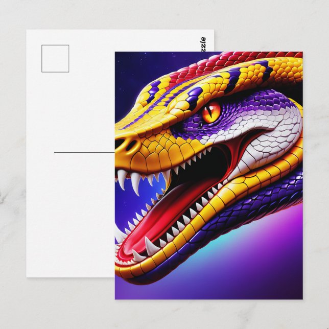 Carte Postale Cobra rouge vif violet blanc et jaune écailles (Devant / Derrière)