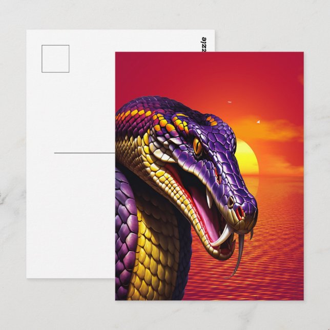 Carte Postale Cobra serpent avec des écailles violettes et jaune (Devant / Derrière)