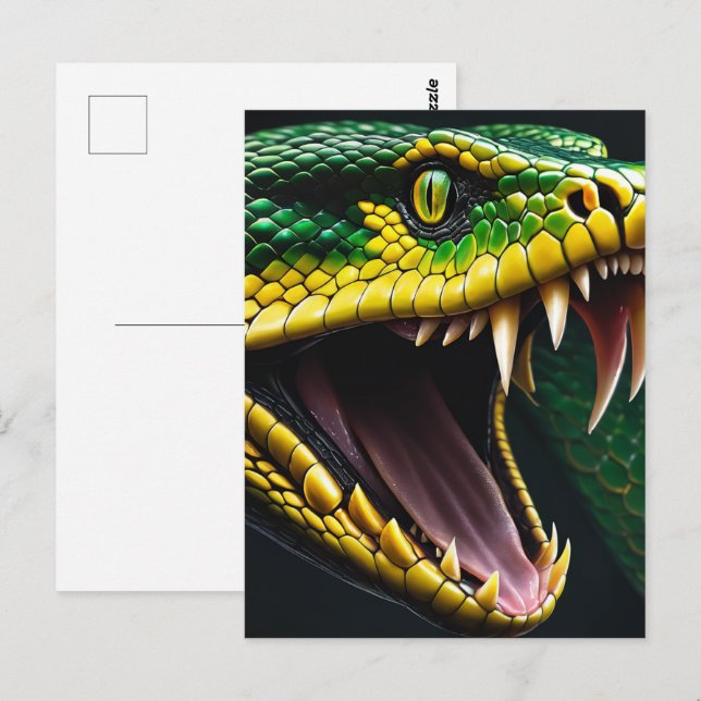Carte Postale Cobra serpent avec écailles vertes et jaunes vibra (Devant / Derrière)