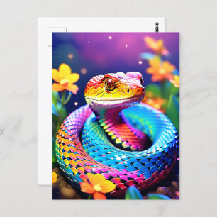 Carte Postale Cobra serpent avec rose et jaune turquoise éclatan
