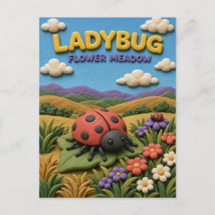 Carte Postale Coccinelle, champ de fleurs en argile