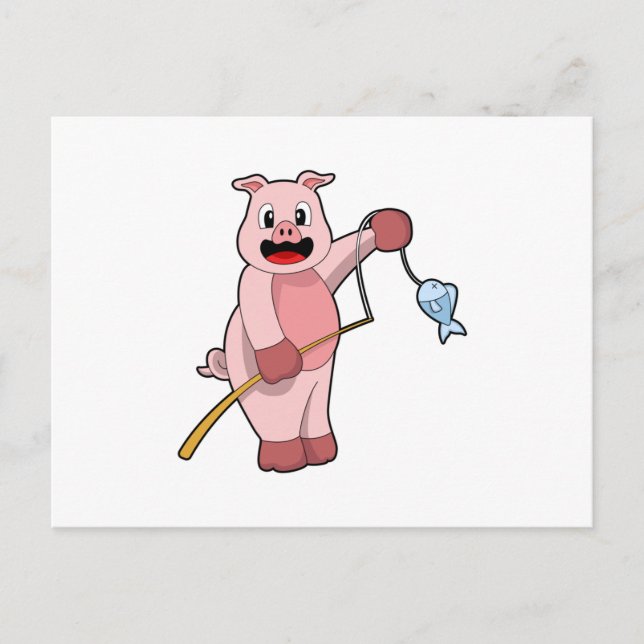 Carte Postale Cochon à la pêche avec canne à pêche et poisson (Devant)