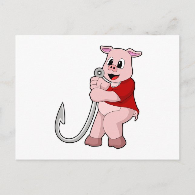 Carte Postale Cochon à la pêche avec hameçon (Devant)