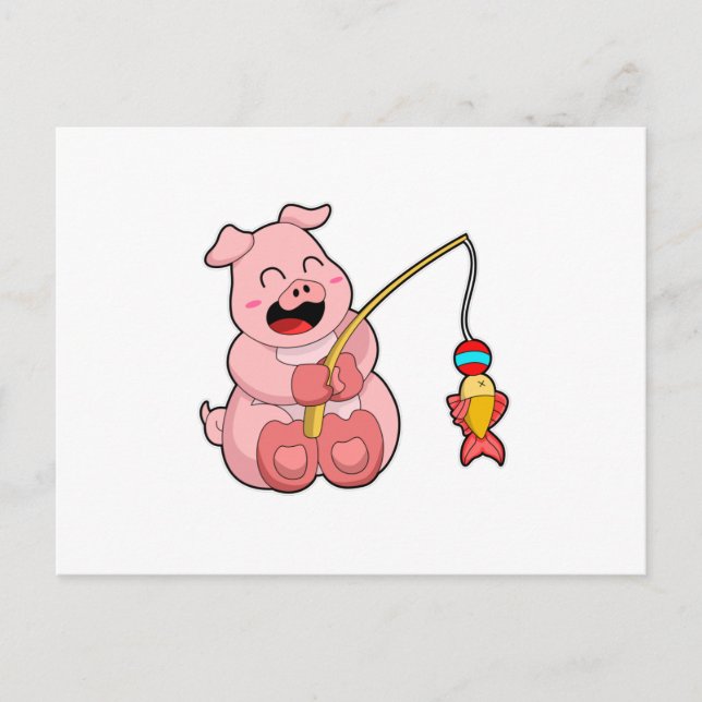 Carte Postale Cochon à la pêche avec un poisson (Devant)