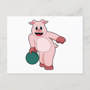 Carte Postale Cochon au bowling avec boule de bowling