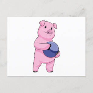 Carte Postale Cochon au bowling avec boule de bowling